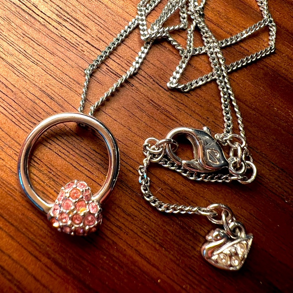Silver Necklace Swarovski Crystal Pink Heart Pendant Charm 15” 17” Curb Chain